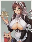  1girl apron blush breast_cutout breasts brown_hair constantia_s2 cup dog dress frilled_apron frills headdress highres huge_breasts last_origin long_hair looking_at_viewer maid maid_apron maid_dress maid_headdress pagong ponytail puffy_sleeves round_eyewear saucer sidelocks smile solo teacup underboob_cutout white_apron 
