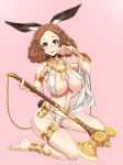  1girl absurdres animal_ears axe bare_shoulders blush breasts brown_eyes brown_hair bunny_ears cosplay highres holding holding_axe isekai_maou_to_shoukan_shoujo_no_dorei_majutsu large_breasts looking_at_viewer okumura_haru persona persona_5 pink_background shiny shiny_hair shiny_skin short_hair simple_background solo sylvie_(isekai_maou_to_shoukan_shoujo_no_dorei_majutsu) sylvie_(isekai_maou_to_shoukan_shoujo_no_dorei_majutsu)_(cosplay) virusotaku 