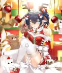  1girl absurdres animal_ears antlers ass bangs bare_shoulders bell blue_eyes blurry blurry_background blush breasts cat chuunibyou_demo_koi_ga_shitai! commentary deer_ears dress elbow_gloves eyebrows_visible_through_hair fur_collar fur_trim gloves hair_between_eyes hair_ornament highres kanniepan looking_at_viewer medium_breasts purple_hair red_dress red_gloves reindeer_antlers sitting solo takanashi_rikka thighhighs white_legwear yellow_eyes 