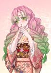  1girl 4t0ka_s breasts gradient_hair green_hair green_legwear hair_ornament haori highres japanese_clothes kanroji_mitsuri kimetsu_no_yaiba long_hair mole mole_under_eye multicolored_hair partially_unbuttoned pink_hair quad_braids ribbed_legwear tri_braids whip_sword 