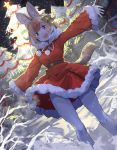  1girl alternate_costume animal_ears bow christmas christmas_lights christmas_ornaments christmas_tree coat commentary_request dhole_(kemono_friends) dog_ears dog_girl dog_tail eyebrows_visible_through_hair fangs fur_trim gloves green_bow hair_bow hair_ornament highres kemono_friends kemono_friends_3 koruse light_brown_eyes light_brown_hair long_sleeves multicolored_bow multicolored_hair neck_ribbon night open_mouth pantyhose red_bow red_coat ribbon santa_costume short_hair snow solo star star_hair_ornament tail white_gloves white_hair white_legwear 