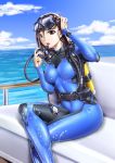  1girl boat bodysuit brown_eyes brown_hair cloud diving_regulator fingernails highres nail_polish ocean saliva saliva_trail solo watercraft wet wet_hair wetsuit yin_gren 