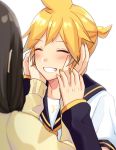  1boy 1girl artist_name bass_clef black_collar black_sleeves blonde_hair blush brown_hair closed_eyes collar commentary detached_sleeves facing_another grin hands_on_another&#039;s_face hands_up kagamine_len master_(vocaloid) medium_hair nail_polish necktie nokuhashi open_mouth ribbed_sleeves sailor_collar school_uniform shirt short_hair short_ponytail short_sleeves smile spiked_hair sweater upper_body vocaloid white_shirt yellow_nails yellow_sweater 
