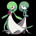  2girls bangs black_background closed_mouth commentary_request full_body gardevoir gen_3_pokemon green_hair green_skin hair_over_one_eye hands_together hands_up happy interlocked_fingers looking_to_the_side lotosu multiple_girls no_humans pokemon pokemon_(creature) red_eyes sad shiny shiny_hair short_hair simple_background smile standing two-tone_skin white_skin 
