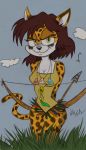  anthro arrow bow breasts brown_hair clothed clothing felid feline female grass hair hunter jewelry leo-2093 mammal necklace smile 