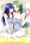  2girls ? ameno_(a_meno0) blue_eyes blue_hair blue_towel blush breasts cleavage closed_mouth collarbone eye_contact eyebrows_visible_through_hair fire_emblem fire_emblem_awakening green_eyes green_hair hair_between_eyes hand_on_another&#039;s_shoulder holding large_breasts long_hair looking_at_another lucina_(fire_emblem) multiple_girls musical_note naked_towel parted_lips shiny shiny_hair sitting smile soaking_feet tiki_(fire_emblem) towel very_long_hair yuri 