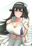  1girl black_hair breasts cleavage curvy dress fou_zi gloves green_eyes hair_between_eyes hair_ornament hairband highres huge_breasts long_hair philia_(world_flipper) plump sitting skirt smile solo thighhighs white_gloves world_flipper 