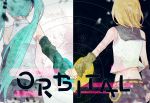 2girls aqua_hair back bare_shoulders belt black_background black_skirt blonde_hair blurry bow crop_top debris depth_of_field detached_sleeves hair_bow hatsune_miku heart holding_hands kagamine_rin midriff_peek multiple_girls orbital_(vocaloid) pleated_skirt sailor_collar shirt short_hair shorts side-by-side sketch skirt sky sleeveless sleeveless_shirt song_name splatter star_(sky) starry_sky twintails two-tone_background underl vocaloid white_background wounds404 