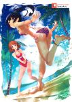  2girls ankleband ass bare_legs bare_shoulders barefoot beach beach_volleyball bikini bird black_hair blue_sky blush breasts brown_eyes brown_hair cloud collarbone day feet frilled_swimsuit frills full_body hands_together hibike!_euphonium highres kousaka_reina large_breasts long_hair looking_at_viewer medium_breasts multiple_girls ocean open_mouth oumae_kumiko palm_tree purple_bikini purple_eyes red_swimsuit running sand seagull shade short_hair side-tie_bikini sky soles striped striped_bikini swimsuit sydus thighs toes tree wristband 