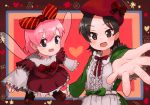  2girls adeleine black_eyes brown_hair commentary_request dress fairy_wings forehead foreshortening frame frilled_dress frilled_sleeves frills hair_ribbon heart katsu_(katsupainter) kirby_(series) kirby_64 looking_at_viewer multiple_girls open_mouth outside_border outstretched_arm outstretched_hand pink_hair reaching_out red_background ribbon ribbon_(kirby) shoes smile spread_fingers valentine wings 