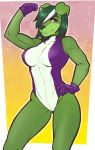  anthro biceps big_breasts breasts canid canine canis clothed clothing cosplay digital_media_(artwork) domestic_dog female flexing fur green_body green_fur green_hair hair katherine_redgrave looking_at_viewer mammal marvel muscular muscular_arms muscular_female rubber scarlet-frost she-hulk solo tight_clothing yellow_eyes 