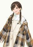  1girl :d absurdres bag bangs blush brown_eyes brown_hair commentary_request dated flannel highres long_hair looking_at_viewer low_twintails off_shoulder open_clothes open_mouth open_shirt original overalls plaid plaid_shirt pocket sako_(35s_00) shirt shoulder_bag signature smile solo twintails unbuttoned unbuttoned_shirt upper_body upper_teeth white_background white_shirt 