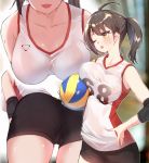  1girl :d ahoge alternate_costume alternate_hairstyle ass ass_focus azur_lane ball baltimore_(azur_lane) bangs bare_shoulders bent_over black_shorts blush braid breasts brown_hair buruma cameltoe close-up collarbone commentary_request elbow_pads eyebrows_visible_through_hair from_behind gym_shirt gym_shorts gym_storeroom gym_uniform hair_between_eyes hand_on_hip hanging_breasts hato_haru holding holding_ball medium_hair multiple_views one_eye_closed open_mouth ponytail shirt shorts side_braid smile solo sportswear sweat volleyball volleyball_uniform white_shirt yellow_eyes 