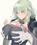  1girl breast_grab breasts byleth_(fire_emblem) byleth_(fire_emblem)_(female) closed_mouth fire_emblem fire_emblem:_three_houses grabbing grabbing_from_behind green_eyes green_hair groping highres large_breasts medium_hair nemu_(nora) simple_background solo_focus upper_body white_background 