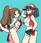  2girls aqua_background aqua_eyes arm_guards bare_hips belt black_hair breasts brown_eyes brown_hair cosplay fan fatal_fury fingerless_gloves gloves gyosone hand_on_headwear highres holding holding_fan kill_la_kill long_hair mankanshoku_mako matoi_ryuuko midriff multicolored_hair multiple_girls navel one_eye_closed pelvic_curtain ponytail red_gloves red_hair red_vest shiranui_mai shiranui_mai_(cosplay) shirt short_shorts shorts sideboob simple_background sleeveless smile snk streaked_hair terry_bogard terry_bogard_(cosplay) the_king_of_fighters two-tone_hair very_long_hair vest white_shirt 