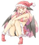  1girl :d arnest ass bangs bare_arms bare_legs bare_shoulders bikini blush breasts commentary_request demon_wings eyebrows_visible_through_hair fang hat head_wings knees_up koakuma long_hair medium_breasts no_shoes open_mouth pink_hair pom_pom_(clothes) red_bikini red_eyes red_headwear red_legwear red_skirt santa_bikini santa_hat sidelocks simple_background skin_fang skirt smile socks solo swimsuit thighs touhou very_long_hair white_background wings 