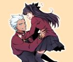  1boy 1girl archer black_hair black_legwear black_ribbon black_skirt blue_eyes blush collar dark_skin dark_skinned_male fate/stay_night fate_(series) green_eyes hair_ribbon holding holding_another long_hair long_sleeves looking_at_another lowres manly open_mouth red_sweater ribbon simple_background skirt smile suga_(suga_suga) sweater teeth thighhighs toosaka_rin tsundere twintails two_side_up unlimited_blade_works upper_body white_hair zettai_ryouiki 