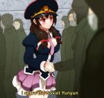  1girl 6+boys blush bow breasts brown_hair chernobyl chernobyl_(hbo) crossover hair_ornament handshake hat kono_subarashii_sekai_ni_shukufuku_wo! large_breasts long_hair long_sleeves meme miniskirt multiple_boys necktie nikolai_tarakanov parody pun red_eyes skirt soviet ssgt-lulz yunyun_(konosuba) 