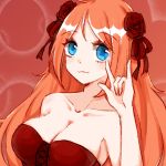  1girl :3 \m/ bare_arms bare_shoulders blue_eyes breasts cleavage collarbone dress epic_battle_fantasy large_breasts long_hair natalie_(epic_battle_fantasy) orange_hair red_background red_dress rose_hair_ornament solo tao_xin_shizijia 