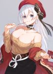  1girl absurdres alternate_costume aran_sweater azur_lane bangs bare_shoulders belfast_(azur_lane) belfast_(shopping_with_the_head_maid)_(azur_lane) belt beret blush bow box breasts brown_sweater choker cleavage collarbone earrings food hair_between_eyes hair_bow hair_ribbon hat highres holding holding_box holding_food hoop_earrings jewelry kimidori3_karla large_breasts long_hair looking_at_viewer off-shoulder_sweater off_shoulder pocky ribbon sidelocks silver_hair skirt smile solo sweater 