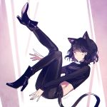  1girl animal_ears bangs belt black_belt black_footwear black_hair black_pants black_sweater blake_belladonna boots cat_ears crop_top ecru eyes full_body long_sleeves midriff pants ribbed_sweater rwby shiny shiny_hair short_hair skin_tight solo stomach sweater white_background yellow_eyes 