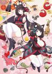  2girls amanogami_dai animal_ear_fluff animal_ears azur_lane bangs bell black_hair black_kimono blue_eyes blunt_bangs blush breasts butterfly_hair_ornament cat_ears cleavage commentary_request eyebrows_visible_through_hair fang fusou_(azur_lane) hair_ornament hands_up highres japanese_clothes kimono large_breasts long_hair long_sleeves looking_at_viewer mask mask_on_head multiple_girls open_mouth panties paw_pose red_eyes short_hair short_kimono sideboob smile swept_bangs thighhighs thighs underwear white_legwear white_panties wide_sleeves yamashiro_(azur_lane) youkai 