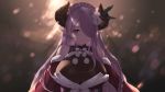  1girl backlighting bare_shoulders blush braid breasts cait closed_mouth commentary_request crown_braid detached_sleeves draph fur-trimmed_sleeves fur_trim granblue_fantasy hair_over_one_eye highres holly horns large_breasts long_hair narmaya_(granblue_fantasy) pink_hair pointy_ears pom_pom_(clothes) purple_eyes santa_costume side_braid smile snowman_hair_ornament solo upper_body very_long_hair 