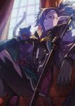  1boy animal black_gloves cape cat closed_mouth curtains eyepatch gloves hair_over_one_eye indoors light_particles open_mouth pixiv_fantasia pixiv_fantasia_last_saga ponytail purple_hair purple_skin red_eyes rleven_drosselbart rumie sitting tongue window yawning 