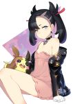  1girl arm_support bare_shoulders black_choker black_hair black_jacket blue_eyes blush choker commentary_request dress feet_out_of_frame flat_chest hair_ribbon highres jacket long_hair long_sleeves looking_at_viewer mary_(pokemon) morpeko off_shoulder open_clothes open_jacket pink_dress pointy_hair pokemon pokemon_(creature) pokemon_(game) pokemon_swsh red_ribbon ribbon short_dress simple_background sitting spaghetti_strap strap_slip taketora_suzume thighs twintails white_background 