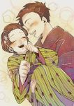  1boy 1girl akaza_(kimetsu_no_yaiba) blush brown_hair bubble_background carrying closed_eyes couple eyelashes hair_ornament hetero highres ichikanoko japanese_clothes kimetsu_no_yaiba kimono koyuki_(kimetsu_no_yaiba) looking_at_another obi open_mouth patterned_background princess_carry sash short_hair smile snowflake_hair_ornament spiked_hair teeth wide_sleeves yukata 