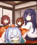  4girls :o akatsuki_(kantai_collection) anchor anchor_symbol bangs black_border blue_eyes blush border brown_eyes brown_hair closed_mouth commentary_request door eyebrows_visible_through_hair fang flying_sweatdrops folded_ponytail food food_on_head fruit fruit_on_head hair_between_eyes hair_ornament hairclip hibiki_(kantai_collection) highres ikazuchi_(kantai_collection) inazuma_(kantai_collection) indoors kantai_collection kotatsu long_hair long_sleeves lying multiple_girls object_on_head one_eye_closed open_mouth orange pleated_skirt ponytail purple_eyes purple_hair reitou_mikan sailor_collar school_uniform serafuku short_hair silver_hair sitting skirt sliding_doors sweat sweatdrop table 