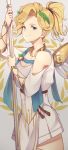  1girl alternate_costume artist_name bangs bare_shoulders blonde_hair blue_eyes blush breasts cleavage closed_mouth commentary dress goddess hair_ornament hentaki highres holding long_hair looking_at_viewer mechanical_wings medium_breasts mercy_(overwatch) overwatch ponytail smile solo staff standing summer upper_body winged_victory_mercy wings 