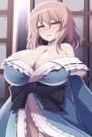  1girl blush breasts cleavage commentary_request highres huge_breasts japanese_clothes looking_to_the_side medium_hair no_hat no_headwear no_panties off_shoulder open_mouth pink_hair red_eyes ribbon saigyouji_yuyuko sliding_doors smile solo touhou xialu_zajin 