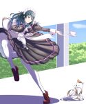  1girl absurdres blue_eyes blue_hair byleth_(fire_emblem) byleth_(fire_emblem)_(female) cat closed_mouth cup fire_emblem fire_emblem:_three_houses gzo1206 highres holding holding_tray long_sleeves maid maid_headdress shoes solo teacup tray white_legwear 
