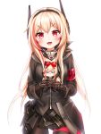  :3 armband black_skirt blonde_hair blush commentary_request doll eyebrows_visible_through_hair fang gauntlets girls_frontline gloves hair_between_eyes hair_ribbon headgear highres holding holding_doll honyang jacket korean_text long_hair looking_at_viewer m4_sopmod_ii_(girls_frontline) m4_sopmod_ii_jr multicolored_hair o_o open_mouth pantyhose red_eyes red_hair red_ribbon ribbon scarf sidelocks skirt streaked_hair white_background 
