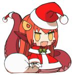  1girl :d blush_stickers chibi christmas commentary english_commentary fangs hair_ornament hairclip hat highres lamia loen-lapae long_hair long_sleeves meme miia_(monster_musume) monster_girl monster_musume_no_iru_nichijou open_mouth padoru pointy_ears red_hair red_headwear sack santa_costume santa_hat simple_background skin_fangs smile solo standing tail white_background yellow_eyes 