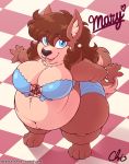  2019 4_toes 5_fingers anthro belly big_belly blue_eyes breasts brown_hair canid canine canis clothed clothing digital_media_(artwork) domestic_dog female fingers hair inner_ear_fluff looking_at_viewer mammal mary_blissany nekocrispy obese open_mouth open_smile overweight overweight_female smile solo text thick_thighs toes tuft url 