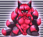  animal_genitalia anthro balls big_breasts breasts canid canine fox fully_sheathed gynomorph intersex mammal multi_tail pink_eyes red_eyes ryn_(artist) setsuna sheath sitting solo 