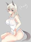  1girl abenattou animal_ears bangs blue_eyes blush breasts closed_mouth commentary dog_ears dog_tail eila_ilmatar_juutilainen emoticon eyebrows_visible_through_hair frown large_breasts long_hair looking_at_viewer panties see-through shirt shirt_tug silver_hair simple_background sitting solo strike_witches tail tank_top thighs underwear underwear_only wet wet_clothes wet_shirt white_panties white_shirt world_witches_series 