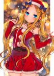  1girl abigail_williams_(fate/grand_order) akirannu bangs bare_shoulders belt black_bow blonde_hair blue_eyes blush bow breasts closed_mouth dress fate/grand_order fate_(series) forehead fur-trimmed_dress fur_trim hat highres holding holding_hair long_hair long_sleeves looking_at_viewer multiple_bows orange_bow parted_bangs polka_dot polka_dot_bow red_dress red_headwear santa_costume santa_hat sidelocks small_breasts smile solo twintails very_long_hair 