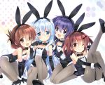 4girls akatsuki_(kantai_collection) animal_ears black_footwear black_gloves black_legwear blue_eyes bow bowtie breasts brown_eyes brown_hair bunny_ears bunny_tail bunnysuit commentary_request detached_collar elbow_gloves folded_ponytail gloves hair_between_eyes hibiki_(kantai_collection) highres hizuki_yayoi ikazuchi_(kantai_collection) inazuma_(kantai_collection) kantai_collection long_hair looking_at_viewer multicolored multicolored_background multiple_girls one_eye_closed open_mouth pantyhose purple_eyes purple_hair short_hair silver_hair sitting small_breasts smile tail wrist_cuffs 