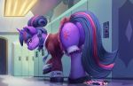  2019 butt butt_focus clothed clothing cutie_mark duo equestria_girls equid eyewear feathered_wings feathers female feral friendship_is_magic glasses hair hi_res horn inside lock locker_room mammal micro multicolored_hair my_little_pony princess_cadance_(mlp) rear_view size_difference tsitra360 twilight_sparkle_(eg) unicorn winged_unicorn wings 