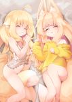  2girls absurdres animal_ear_fluff animal_ears babydoll bed_sheet between_legs blonde_hair borrowed_character bottomless commentary_request crossover eyebrows_visible_through_hair fox_ears fox_tail hair_between_eyes highres long_eyelashes long_hair lying multiple_girls multiple_tails navel nightgown on_back on_side original romy shirt_lift sleeping sleepwear tail tail_between_legs 