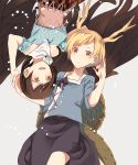  2girls :d atoki bandana bangs bare_shoulders black_skirt black_wings blonde_hair blue_shirt blush breasts brown_hair brown_skirt commentary_request cowboy_shot dragon_horns dragon_tail eyebrows_visible_through_hair feathered_wings grey_background hand_up highres horns kicchou_yachie kurokoma_saki looking_at_viewer medium_breasts multiple_girls no_hat no_headwear off-shoulder_shirt off_shoulder open_mouth red_eyes shirt short_hair short_sleeves simple_background skirt smile standing swept_bangs tail touhou upside-down wings 