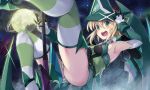  1girl akatsuki_kirika armpits ass beriko_(dotera_house) blonde_hair blush breasts commentary_request elbow_gloves gloves green_eyes green_leotard leotard looking_at_viewer medium_breasts moon open_mouth scythe senki_zesshou_symphogear shiny shiny_hair shiny_skin short_hair skirt sky smile solo star_(sky) starry_sky striped striped_legwear 