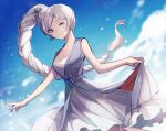  1girl ;) bangs blue_eyes blue_sky blurry blurry_background braided_ponytail breasts cleavage cowboy_shot dress ecru floating_hair grey_ribbon long_hair looking_at_viewer medium_breasts one_eye_closed parted_bangs rwby scar scar_across_eye side_ponytail signature silver_hair sky sleeveless sleeveless_dress smile solo standing very_long_hair weiss_schnee white_dress 