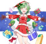  1girl bell belt bow box brown_gloves closed_eyes fire_emblem fire_emblem:_the_blazing_blade fire_emblem_heroes fur_trim gift gift_box gloves green_hair hat long_sleeves menoko nino_(fire_emblem) open_mouth pom_pom_(clothes) red_headwear sack santa_costume santa_hat short_hair solo 