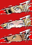  1girl 2boys blonde_hair blue_eyes brown_hair claude_von_riegan cut-in dark_skin dark_skinned_male dimitri_alexandre_blaiddyd earrings edelgard_von_hresvelg eyepatch fire_emblem fire_emblem:_three_houses green_eyes highres horns jewelry multiple_boys persona persona_5 persona_eyes purple_eyes shikipink short_hair 