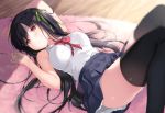  1girl arm_up bare_arms bare_shoulders black_hair black_legwear black_skirt blurry blurry_background blush bow bowtie breasts closed_mouth collared_shirt commentary_request depth_of_field green_ribbon hair_ribbon hand_up highres knees_up kurasawa_moko long_hair looking_at_viewer lying medium_breasts on_back one_side_up original pleated_skirt red_eyes red_neckwear ribbon shirt skirt sleeveless sleeveless_shirt solo sweat thighhighs very_long_hair white_shirt wooden_floor 