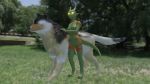  3d_(artwork) anthro breasts canid canine canis digital_media_(artwork) fantasy female feral grass hi_res horn kobold male mammal methodia_rascal nude outside reptile scalie simple_background wolf 